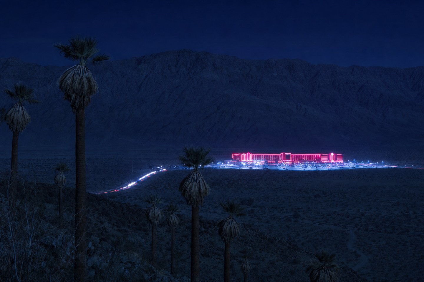 A low desert valley at night seen from a rise, with fan palms in silhouette in the foreground and a single long resort building edged in crimson neon a mile away at the foot of a bare mountain wall.