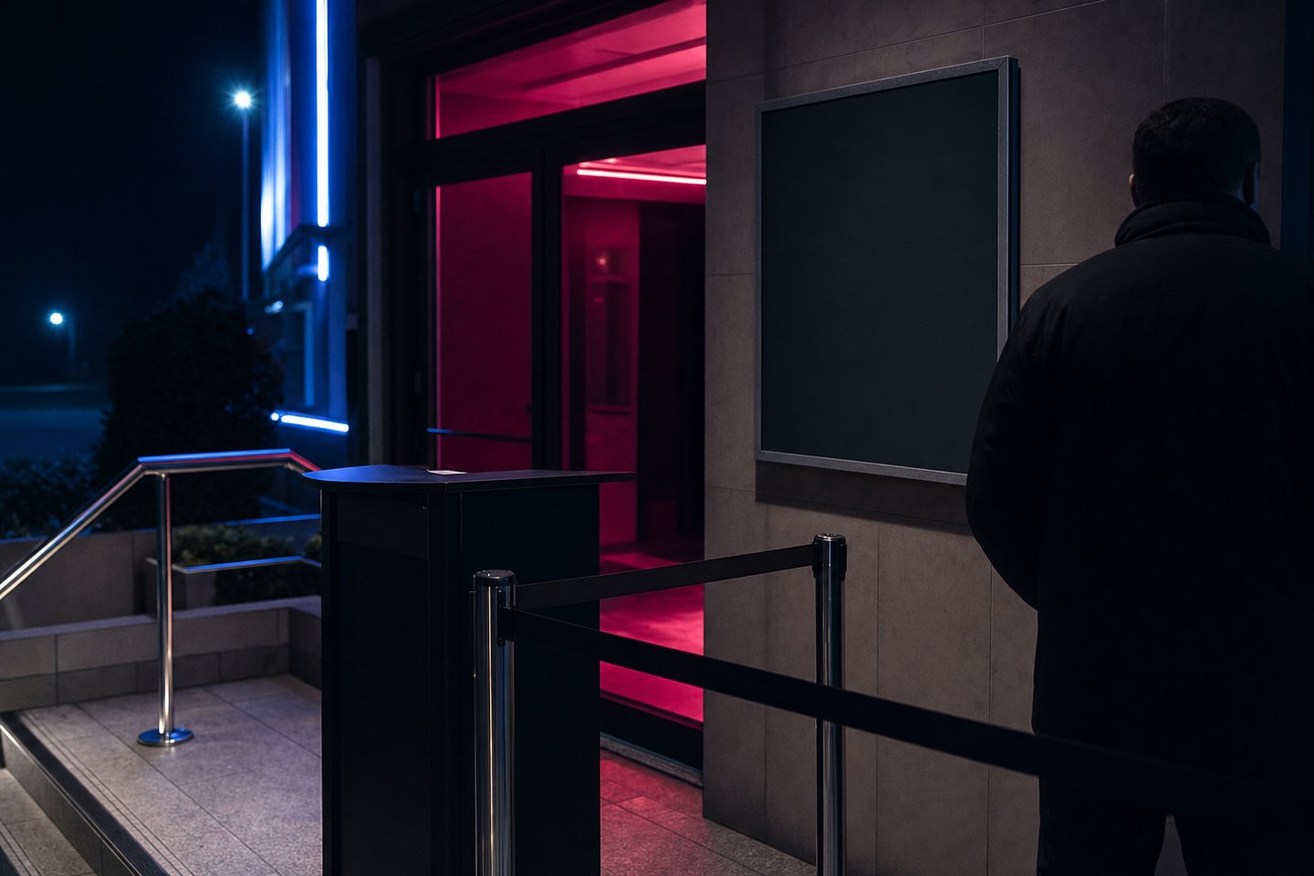 A casino entrance at night seen past a belt barrier and a small check-in podium, a member of staff standing turned away, the doorway beyond glowing red and a blank notice board on the wall beside it.