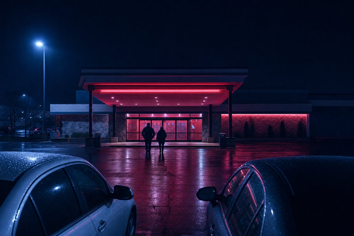 A casino entrance seen across a wet car park at night from between two parked cars, a wide canopy over the doors lit crimson from beneath, and two people walking towards them seen from behind as small silhouettes.