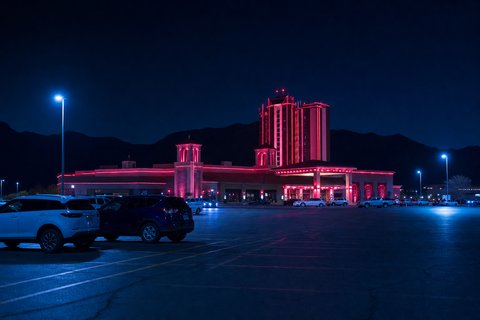 A casino resort seen at night from across its own parking lot, its facade edged in red neon, with low mountains as a dark silhouette behind it.