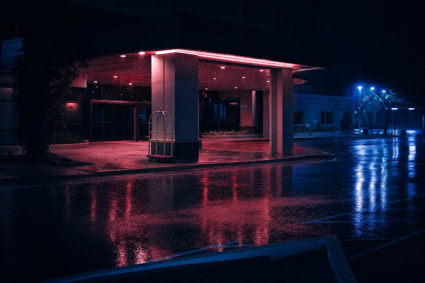 A casino's covered entrance in the rain in the small hours, lit from beneath in red, the light reflecting in long streaks across empty wet asphalt with a luggage trolley left by a column.