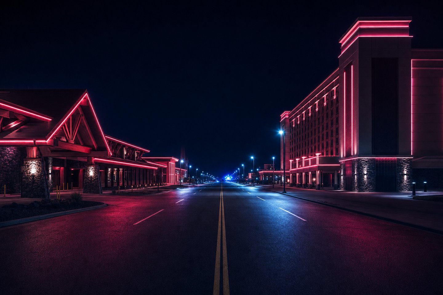 A two-lane road at night with a lit casino on each side: on the left a long low building with a broad pitched roof and timber and stone detailing, on the right a taller flat-fronted block of several storeys.